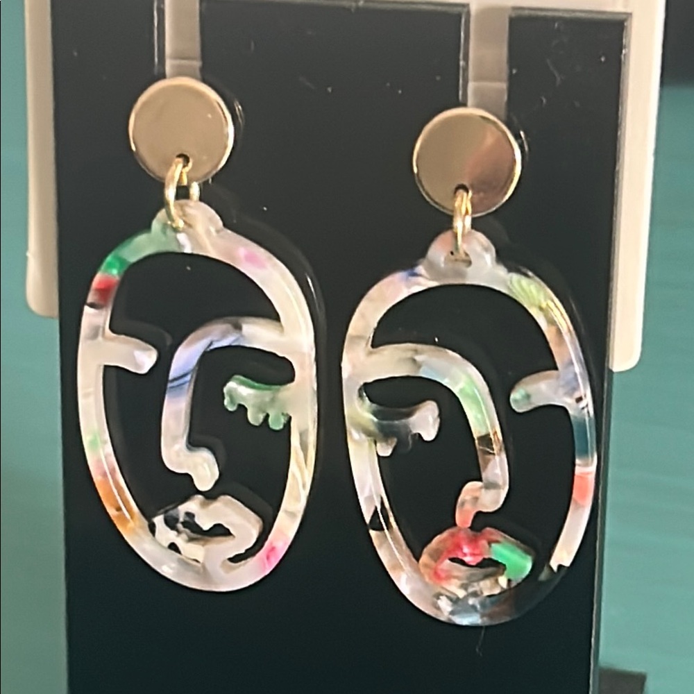 New Lot 5 Pais of Gold Wood and Multicolor Art Deco Boho Style Drop Earrings Set - Picture 10 of 12